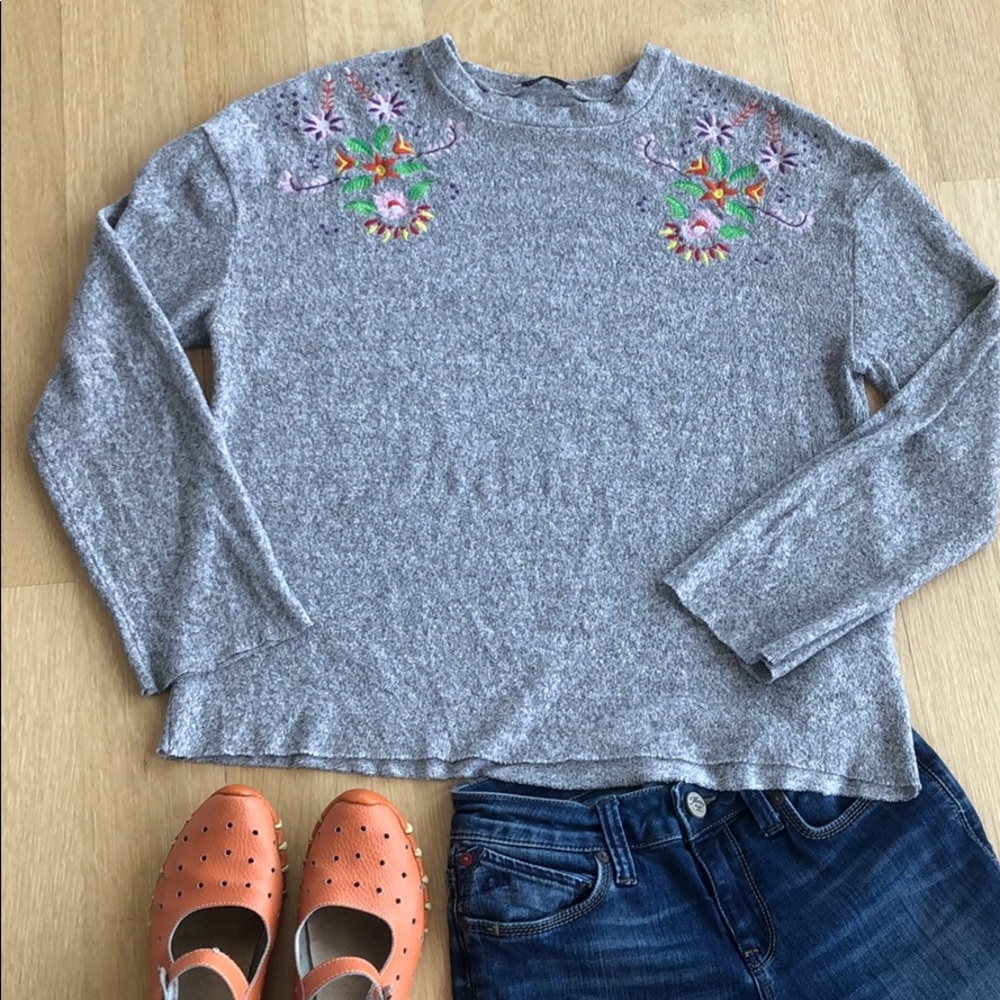 Zara Trafaluc Long Sleeve Top, Floral Embroidery